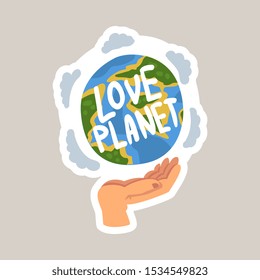 Love planet tagline sticker cartoon vector illustration