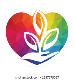 Love Plant in Hand Vector Logo Design. Natural Products in Heart Shape. Cosmetics and Spa logo.