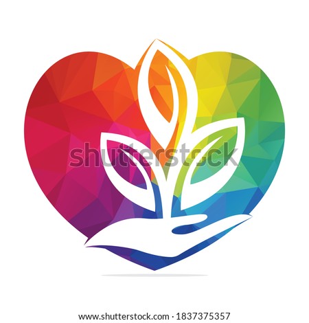 Love Plant in Hand Vector Logo Design. Natural Products in Heart Shape. Cosmetics and Spa logo.