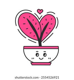 Love Plant in Pot with Heart shaped Leaf. Hand drawn smiling potted houseplant with cute cartoon face. Romantic pink Valentines day flower character