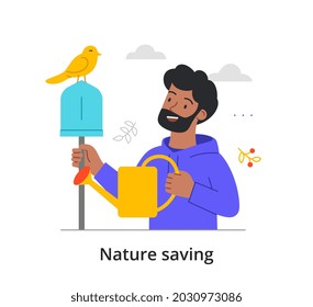 Love for plants and animals concept. Man with watering can stands next to bird feeder. Caring for environment and protection of animals. Cartoon flat vector illustration isolated on white background