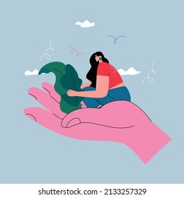 Love for plants and nature, woman nurturing plants, care for planet flat vector illustration. Environment protection and responsibility, ecology concept	