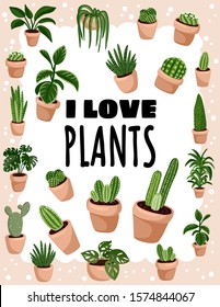 I love plants postcard. Potted succulent plants banner. Cozy lagom scandinavian style poster image