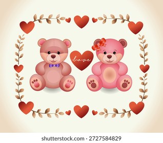 Amor. Osos de peluche de felpa, un niño y una niña, con un corazón en un marco de corazones y ramitas sobre un fondo o pergamino beige. Una tarjeta o cartel para el día de San Valentín, el día de la madre, el cumpleaños, la boda o el nacimiento de un niño.