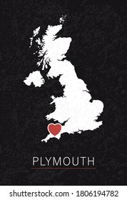 Love Plymouth Picture. Map of United Kingdom with Heart as City Point. Vector Stock Illustration