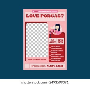 Folleto de Podcast de amor. Streaming en línea. Programa de radio. Señal luminosa. Logotipo del club nocturno. Cartel fluorescente. ilustración de stock de Vector