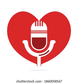 Love Podcast logo design. Studio table microphone with broadcast icon design.