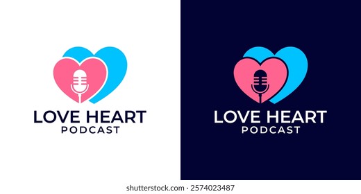 Love podcast logo template with microphone and couple heart vector illustration. Family podcast logo design. Vector logo template of microphone, heart, radio, podcast, talk, relationship, soul mate