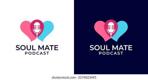 Love podcast logo template with microphone and couple heart vector illustration. Family podcast logo design. Vector logo template of microphone, heart, radio, podcast, talk, relationship, soul mate