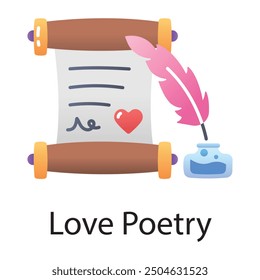 Love poetry scroll with quill pen, flat icon 