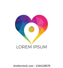 Love point location mark logo design. Travel logo with map pointer sign and heart. GPS location symbol.