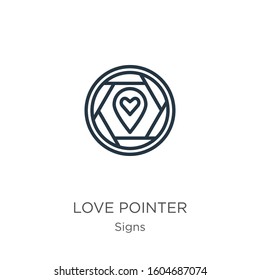 Love pointer icon. Thin linear love pointer outline icon isolated on white background from signs collection. Line vector sign, symbol for web and mobile