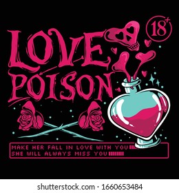 Love poison vector illustration. Bottle of red poision with roses. Funky template design for sticker, t-shirt design, or poster