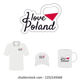 I Love Poland Logo, Flag Heart, Wording Design, Vector with  die cut / laser cut layers. T shirt Design, Hat Design, Cup Design. Isolated Logo on white background