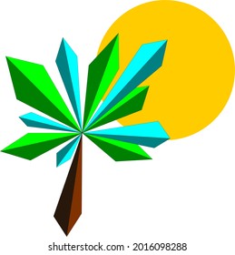 Love Poly style palm tree and sun. Green, blue and brown triangles. Can be used as logo.