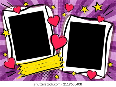 Love Pop art Bright comic double photo frame with hearts and stars. Box for text. Template for congratulations, Valentines day or wedding  photo album. Vector illustration