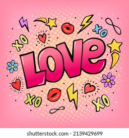 Love pop art hand drawn word bubble with lips, xo and stars in retro comics style