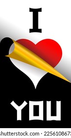 Love portrait illustration minimalist concept of I Love You text, half white and red love on black and white vertical paper with wavy gold paper