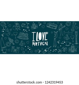 I love Portugal- hand drawn phrase with line doodle elements. Unique vector art