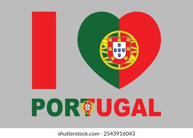 Amo Portugal Palabra con forma de corazón, Bandera de Portugal Vector de ilustración de país nacional, Rectángulo Portugal ilustración de la bandera, Ilustración vectorial plana
