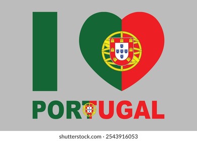 Amo Portugal Palabra con forma de corazón, Bandera de Portugal Vector de ilustración de país nacional, Rectángulo Portugal ilustración de la bandera, Ilustración vectorial plana
