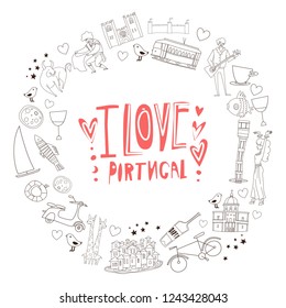 I love Portugal-unique line illustration of Portugal. Clipart collection. Doodle elements for design in the circle