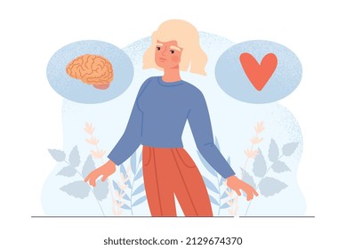 Love and positive emotions abstract concept. Balance between heart and brain. Young woman experiencing pleasant feelings. Metaphor of teamwork of mind and soul. Cartoon flat vector illustration