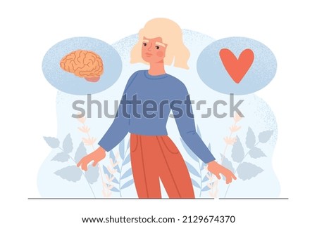 Love and positive emotions abstract concept. Balance between heart and brain. Young woman experiencing pleasant feelings. Metaphor of teamwork of mind and soul. Cartoon flat vector illustration