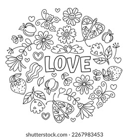 Love. Positive, groovy Mandala colouring. Hand drawn coloring page for kids and adults. Beautiful drawing with patterns and small details. Coloring book pictures. Botany, flowers, herbs, leaves