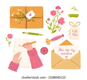 Love post objects set. Love letter, hand writing, flowers, present, tag. Vector handdrawn illustration