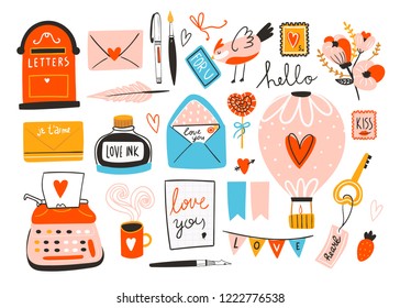 Love post office. Many various objects. Saint Valentine's day vector set. All elements are isolated