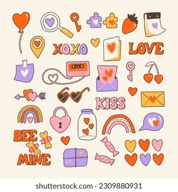 Love post office. Many various romantic objects. Saint Valentine's day big vector set. Colored retro trendy illustration. Flat design. All elements are isolated