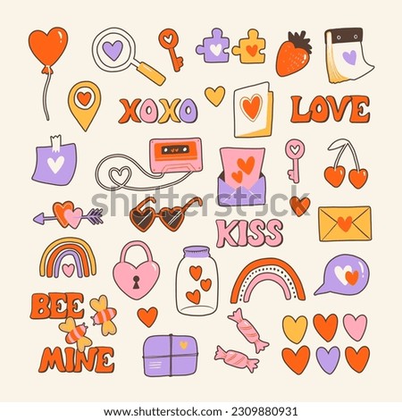 Love post office. Many various romantic objects. Saint Valentine's day big vector set. Colored retro trendy illustration. Flat design. All elements are isolated