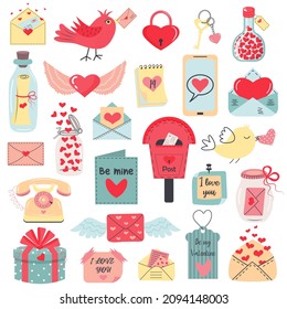 Love post office, messages, mail set. Saint Valentine's Day romantic objects. Colored trendy vector illustration.