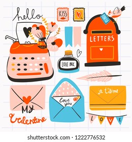 Love post office. Various objects. Saint Valentine's day vector set. All elements are isolated