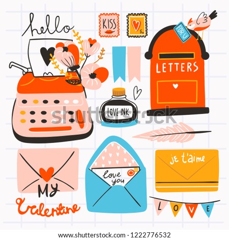 Love post office. Various objects. Saint Valentine's day vector set. All elements are isolated