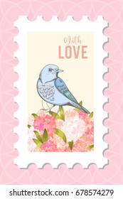 love post stamp with bird. Vector illustration