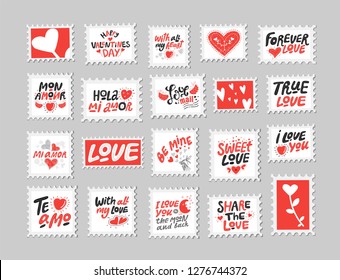 Love post stamps set. Love quotes, sayings. Hand drawn lettering and illustration with hearts. Be mine, Sweet love, Happy Valentines Day. For Valentines Day design, poster, card, social media