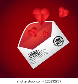 Love post - Valentines day vector greeting card with envelope, stamps and paper hearts