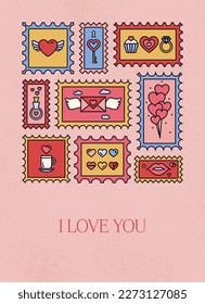 Love Postal Stamp Greeting Card. Vector Illustration of Happy Valentine’s Day Wedding Concept.