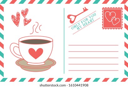 love postcard with coffee cup and hearts. vector illustration