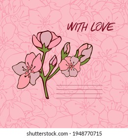 With love. Postcard. Letter. Cherry blossoms. Sakura. Vector illustration. Vector. Stock vector. Pink background