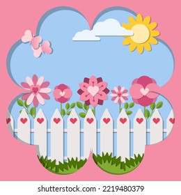 Love Postcard Paper Cutout Vector Illustrations. White Fence With Pink Flowers And Butterflies On Blue Sky With The Sun And White Clouds Background