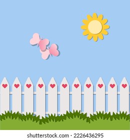 Love postcard paper cutout vector illustrations. White fence with green grass and butterflies on blue sky and the sun background