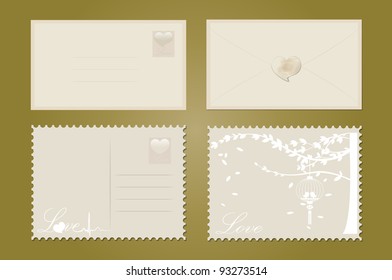 Love postcard set with birds and tree. Love envelope set with hearts. Vector Illustration.
