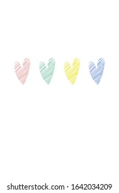 Love postcard with simple style heart decoration. Printable card with white background and minimalistic design. Social media post for web. Color  hand drawn hearts. Pink, green, blue, yellow. 