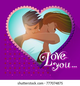 Love postcards. Couple embraces. Love you. Vector illustration