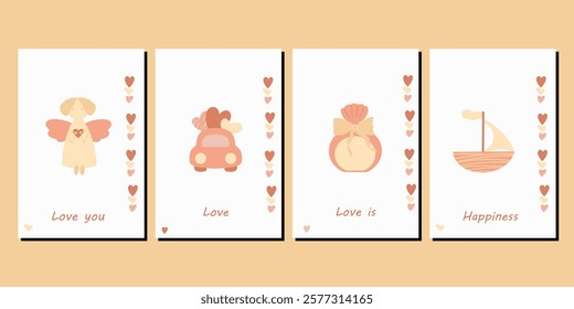 Love postcards vector set. Happy Valentines Day cards with angel, sailboat, car. Invitation design patterns in minimal modern style
