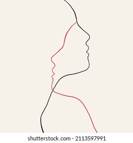 Love poster. Abstract man and woman touch by one line vector drawing. Portrait minimalistic style. Botanical print. Nature symbol of cosmetics. Modern continuous line art. Fashion print. Beaty salon