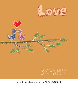 Love poster. Card with birds and hand writing elements. Hand drawn vector illustration